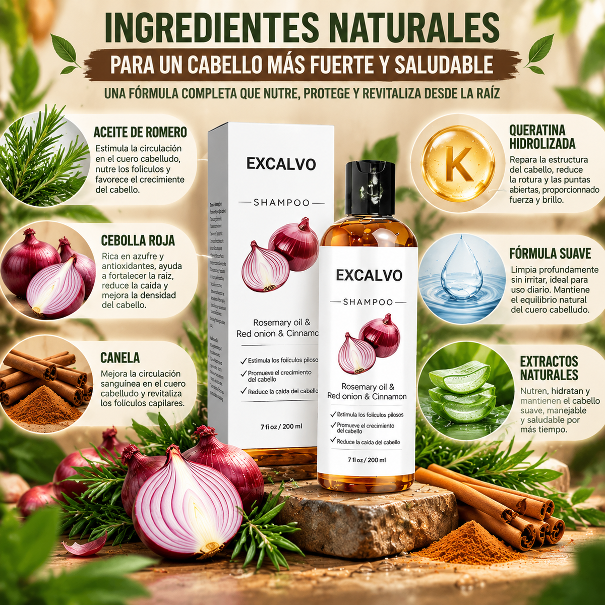 🧅EXCALVO SHAMPOO CEBOLLA ROJA| Reparación y Fortalecimiento Capilar con Romero 🌱 y Queratina ✨