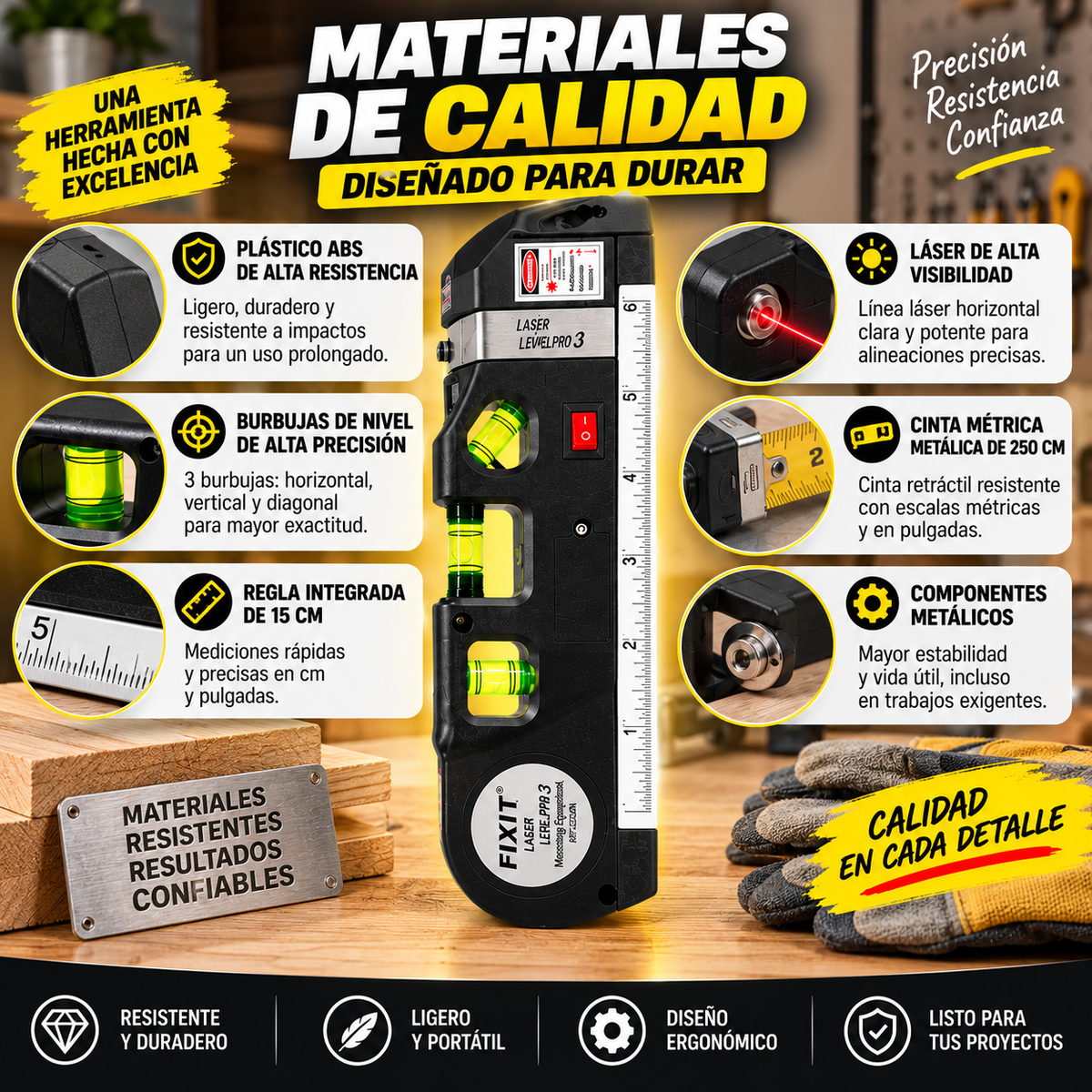 🔴 NIVEL LÁSER 3 EN 1 📏 CON METRO DE 250 CM - 📐 Nivel de Burbuja | 🎯 Alineación Horizontal y Vertical | 🛠️ Herramienta para Bricolaje, Decoración y Instalación.