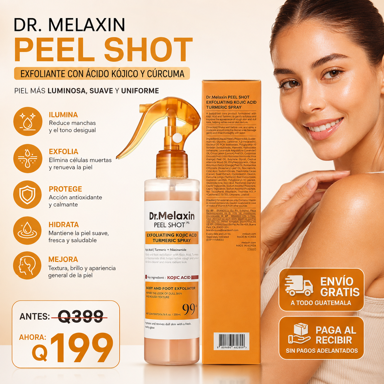 Dr. Melaxin Peel Shot – Spray Exfoliante con Ácido Kójico y Cúrcuma para Cuerpo y Pies | Piel Más Suave, Luminosa y Uniforme