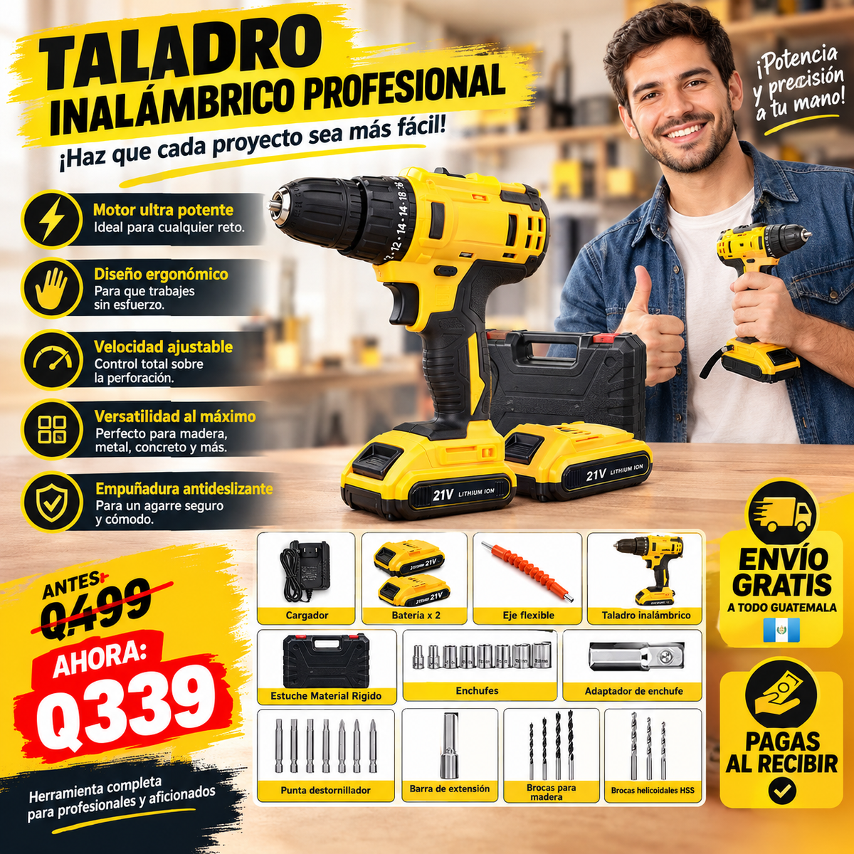 TALADRO ATORNILLADOR INALAMBRICO - 2 Baterías 🔋⚡ – Potente y Recargable, Diseño Ergonómico, Kit Completo con Accesorios 🧰 para Construcción 🏗️, Carpintería y Bricolaje 🛠️