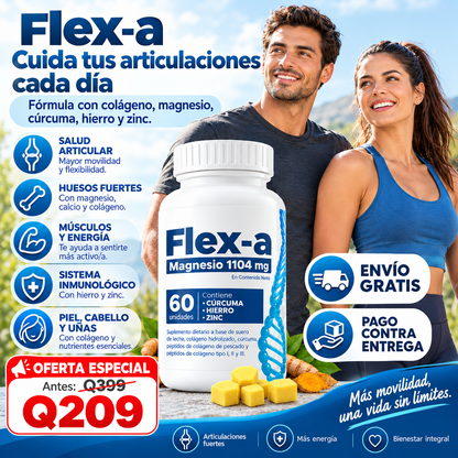 💙 FLEX-A MAGNESIO 1104 MG – 60 CÁPSULAS-💪 | Con Colágeno, Cúrcuma, Hierro y Zinc 🌿 | Apoya la Salud Articular, la Movilidad y la Flexibilidad 🦴 | Energía y Bienestar para Tu Día ✨