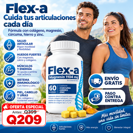 💙 FLEX-A MAGNESIO 1104 MG – 60 CÁPSULAS-💪 | Con Colágeno, Cúrcuma, Hierro y Zinc 🌿 | Apoya la Salud Articular, la Movilidad y la Flexibilidad 🦴 | Energía y Bienestar para Tu Día ✨
