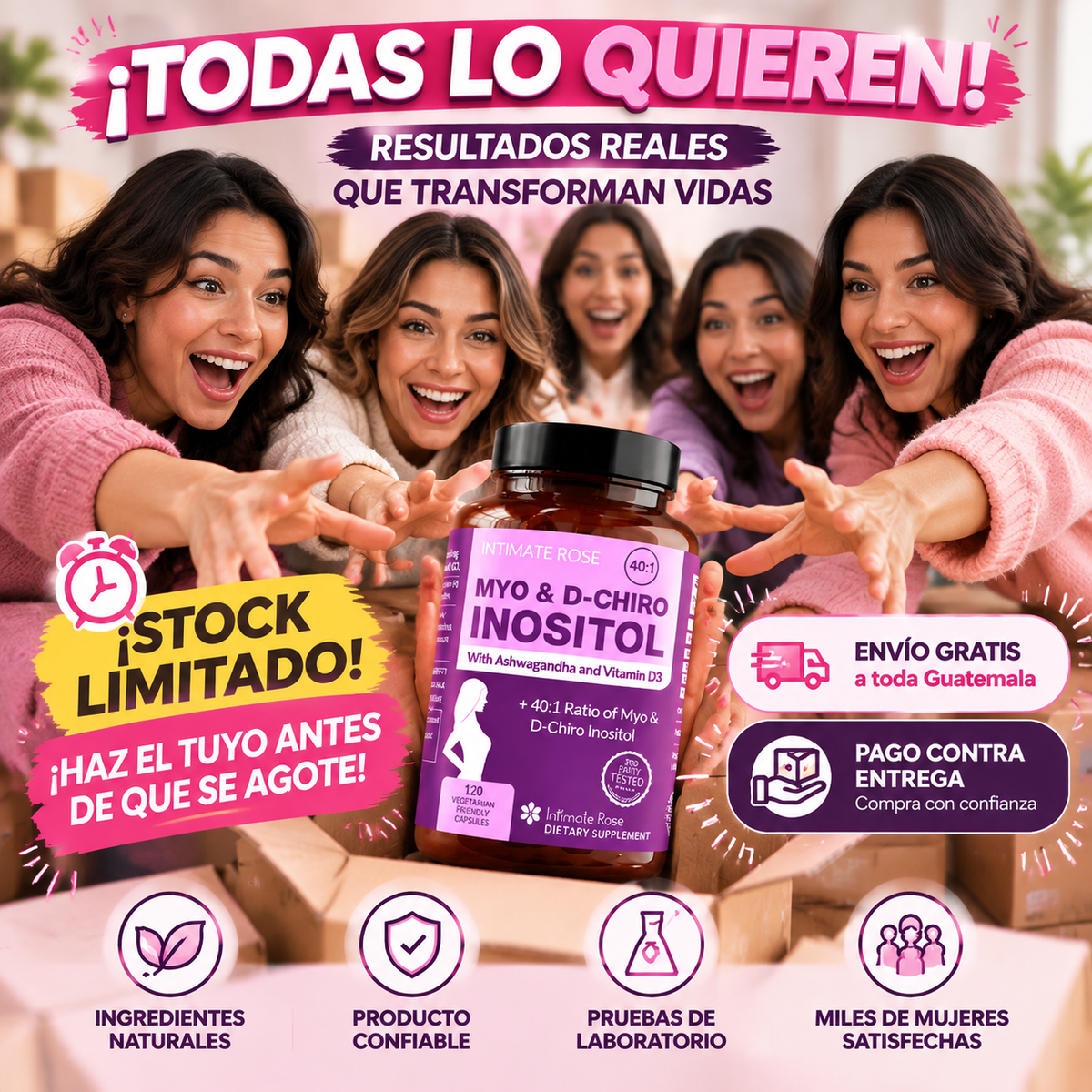 🌸 INTIMATE ROSE MYO & D-CHIRO INOSITOL 40:1 💗 para el equilibrio hormonal femenino, con ashwagandha 🌿 y vitamina D3 ☀️, 120 cápsulas vegetarianas 💊