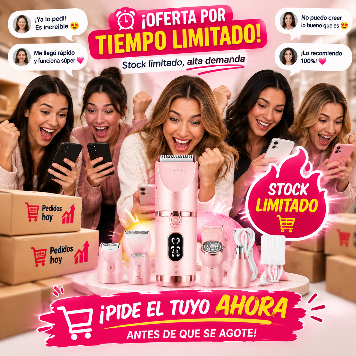 🌸 DEPILADORA ELÉCTRICA MULTIFUNCIONAL✨ 4 en 1, Recargable por USB 🔋 con Cabezales Intercambiables para Rostro, Axilas, Bikini y Piernas 💗 🔥