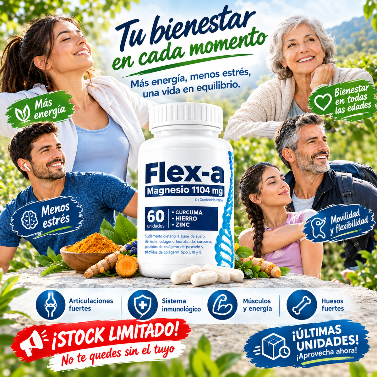 💙 FLEX-A MAGNESIO 1104 MG – 60 CÁPSULAS-💪 | Con Colágeno, Cúrcuma, Hierro y Zinc 🌿 | Apoya la Salud Articular, la Movilidad y la Flexibilidad 🦴 | Energía y Bienestar para Tu Día ✨