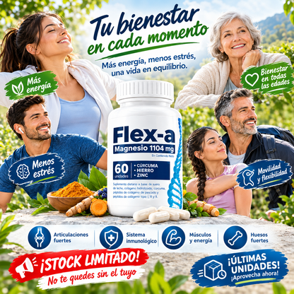 💙 FLEX-A MAGNESIO 1104 MG – 60 CÁPSULAS-💪 | Con Colágeno, Cúrcuma, Hierro y Zinc 🌿 | Apoya la Salud Articular, la Movilidad y la Flexibilidad 🦴 | Energía y Bienestar para Tu Día ✨