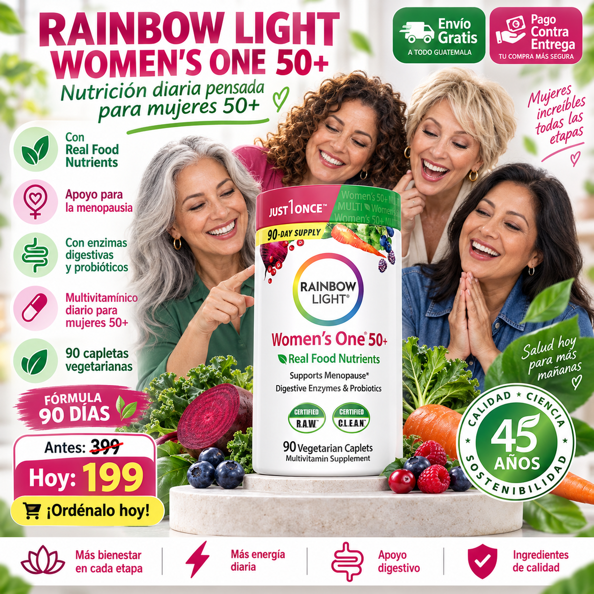 RAINBOW LIGHT WOMEN’S ONE 50+ – Vitaminas y Minerales para Mujeres 50+, Nutrientes Reales, Digestión y Energía Diaria
