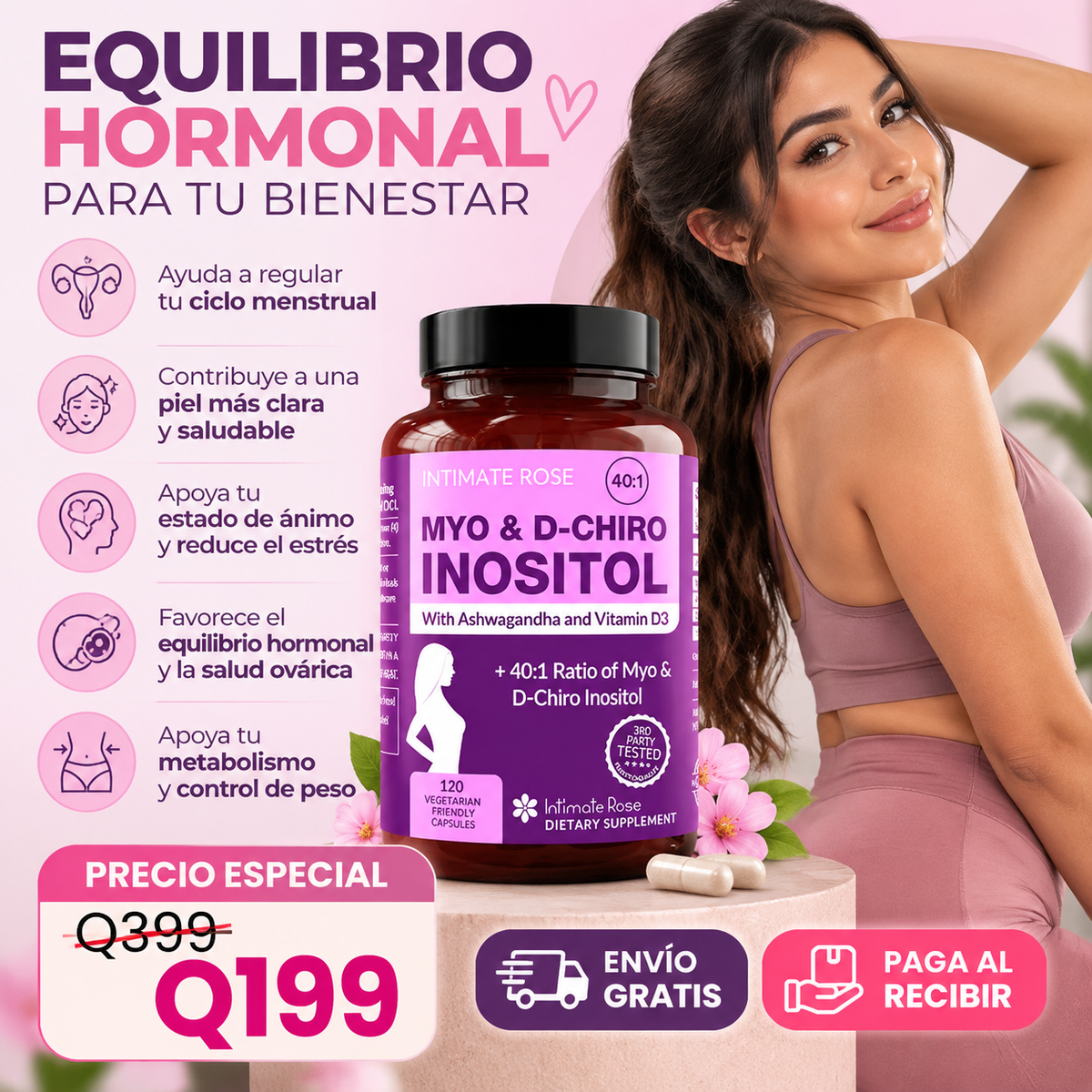 🌸 INTIMATE ROSE MYO & D-CHIRO INOSITOL 40:1 💗 para el equilibrio hormonal femenino, con ashwagandha 🌿 y vitamina D3 ☀️, 120 cápsulas vegetarianas 💊