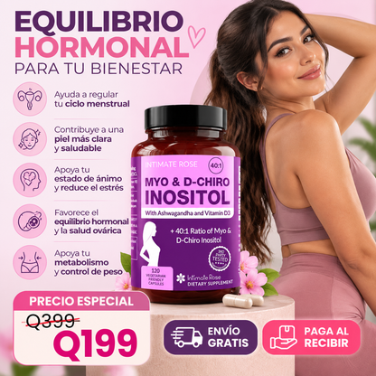 🌸 INTIMATE ROSE MYO & D-CHIRO INOSITOL 40:1 💗 para el equilibrio hormonal femenino, con ashwagandha 🌿 y vitamina D3 ☀️, 120 cápsulas vegetarianas 💊