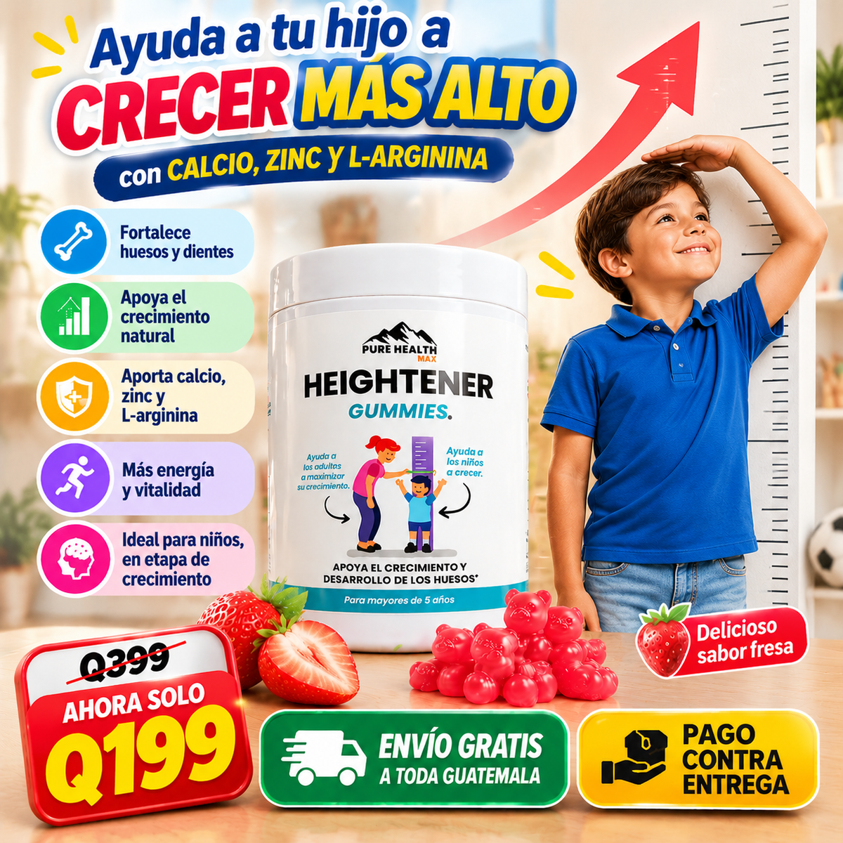 🍓 PURE HEALTH MAX Heightener Gummies | 🌱 Para Crecer de Estatura | 💪 Calcio, Zinc y Vitaminas C, D3 y K2 | 🦴 Apoyo Óseo | 😋 Sabor Fresa