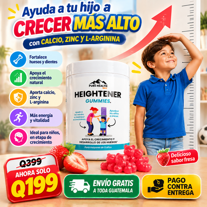🍓 PURE HEALTH MAX Heightener Gummies | 🌱 Para Crecer de Estatura | 💪 Calcio, Zinc y Vitaminas C, D3 y K2 | 🦴 Apoyo Óseo | 😋 Sabor Fresa