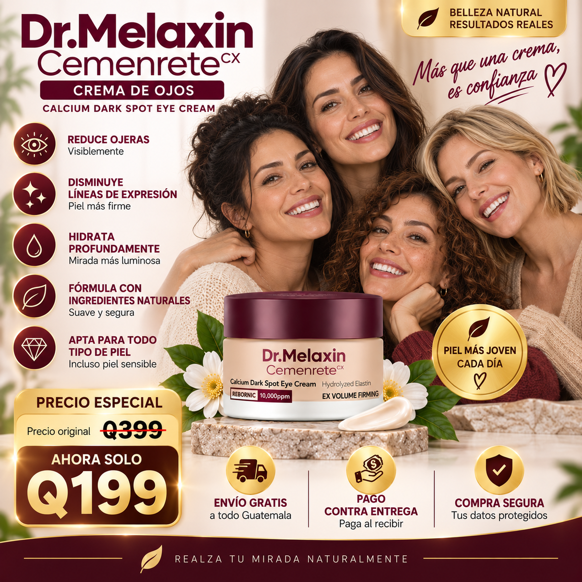 Dr.MELAXIN CEMENRETE CR - Crema de Ojos Antimanchas con Rebornic 10.000ppm, Elastina Hidrolizada, Tratamiento Reafirmante e Hidratante para Contorno de Ojos
