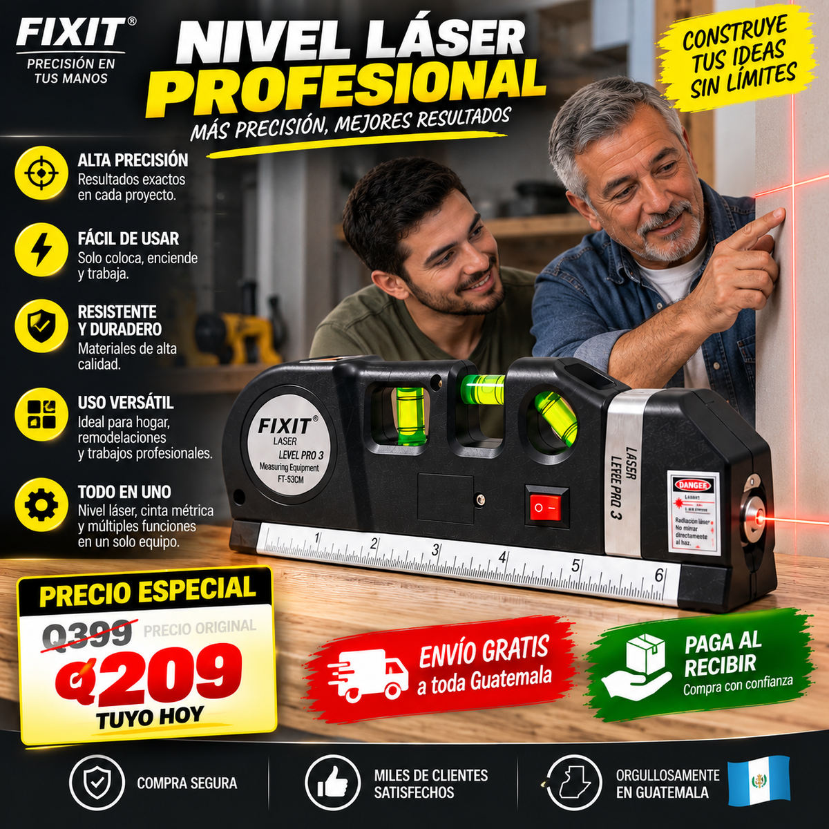 🔴 NIVEL LÁSER 3 EN 1 📏 CON METRO DE 250 CM - 📐 Nivel de Burbuja | 🎯 Alineación Horizontal y Vertical | 🛠️ Herramienta para Bricolaje, Decoración y Instalación.