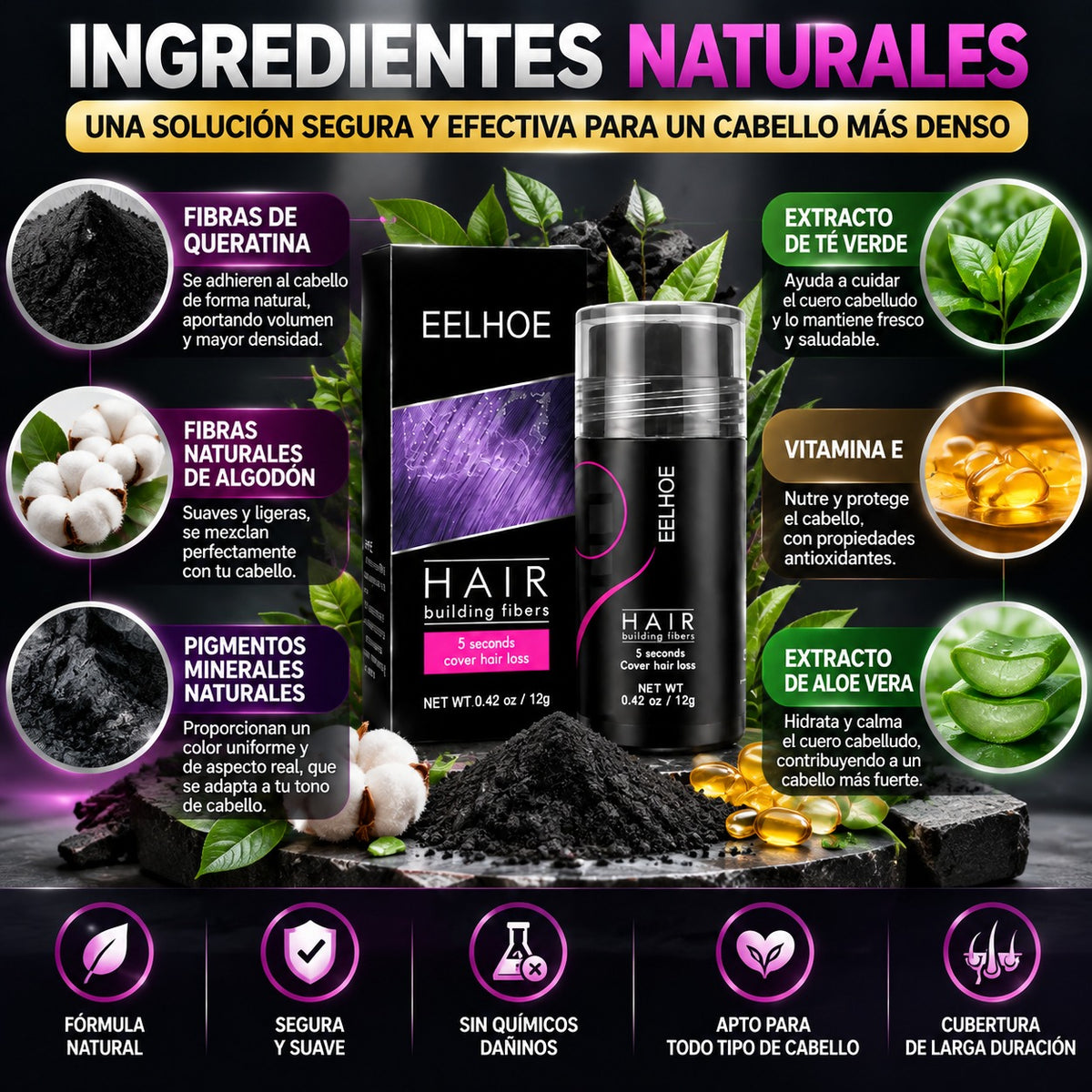 🔥 EELHOE Fibras Capilares ✨ | ¡Disimula las Zonas con Poco Cabello en Segundos! 💇‍♂️ Más Volumen, Aspecto Natural y un Peinado con Más Densidad 🖤