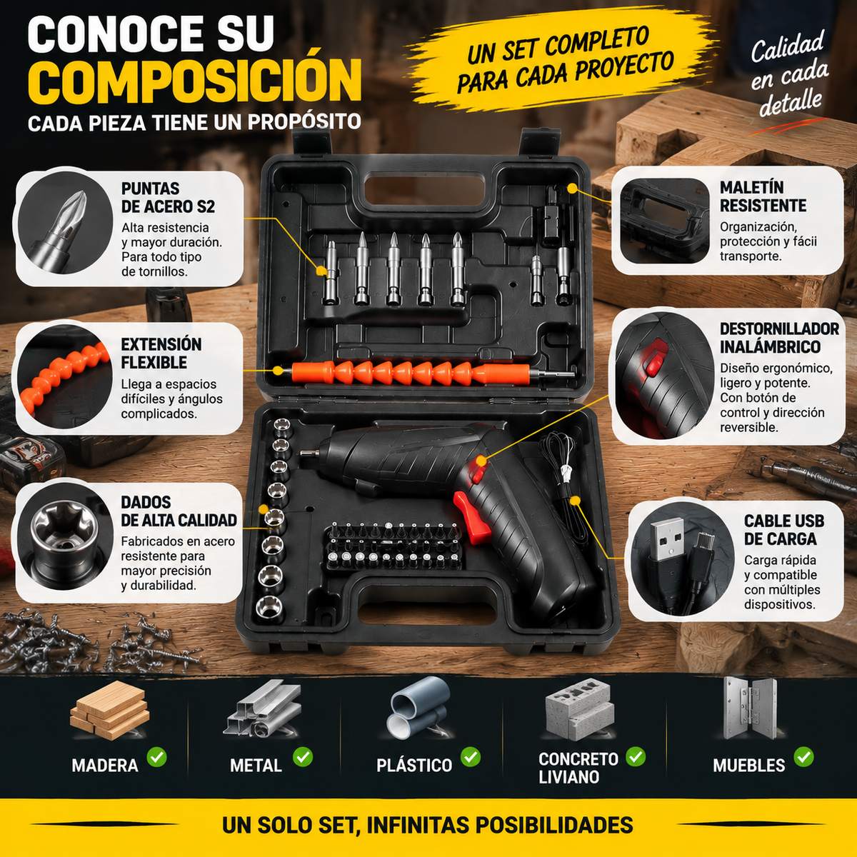 ⚡ DESTORNILLADOR INALAMBRICO 47 PZS – ¡Todo lo que necesitas en un solo kit