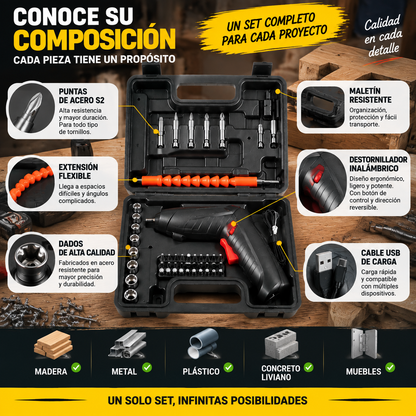 ⚡ DESTORNILLADOR INALAMBRICO 47 PZS – ¡Todo lo que necesitas en un solo kit
