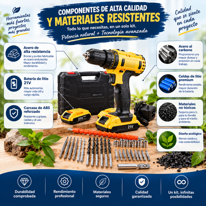 TALADRO ATORNILLADOR INALAMBRICO - 2 Baterías 🔋⚡ – Potente y Recargable, Diseño Ergonómico, Kit Completo con Accesorios 🧰 para Construcción 🏗️, Carpintería y Bricolaje 🛠️