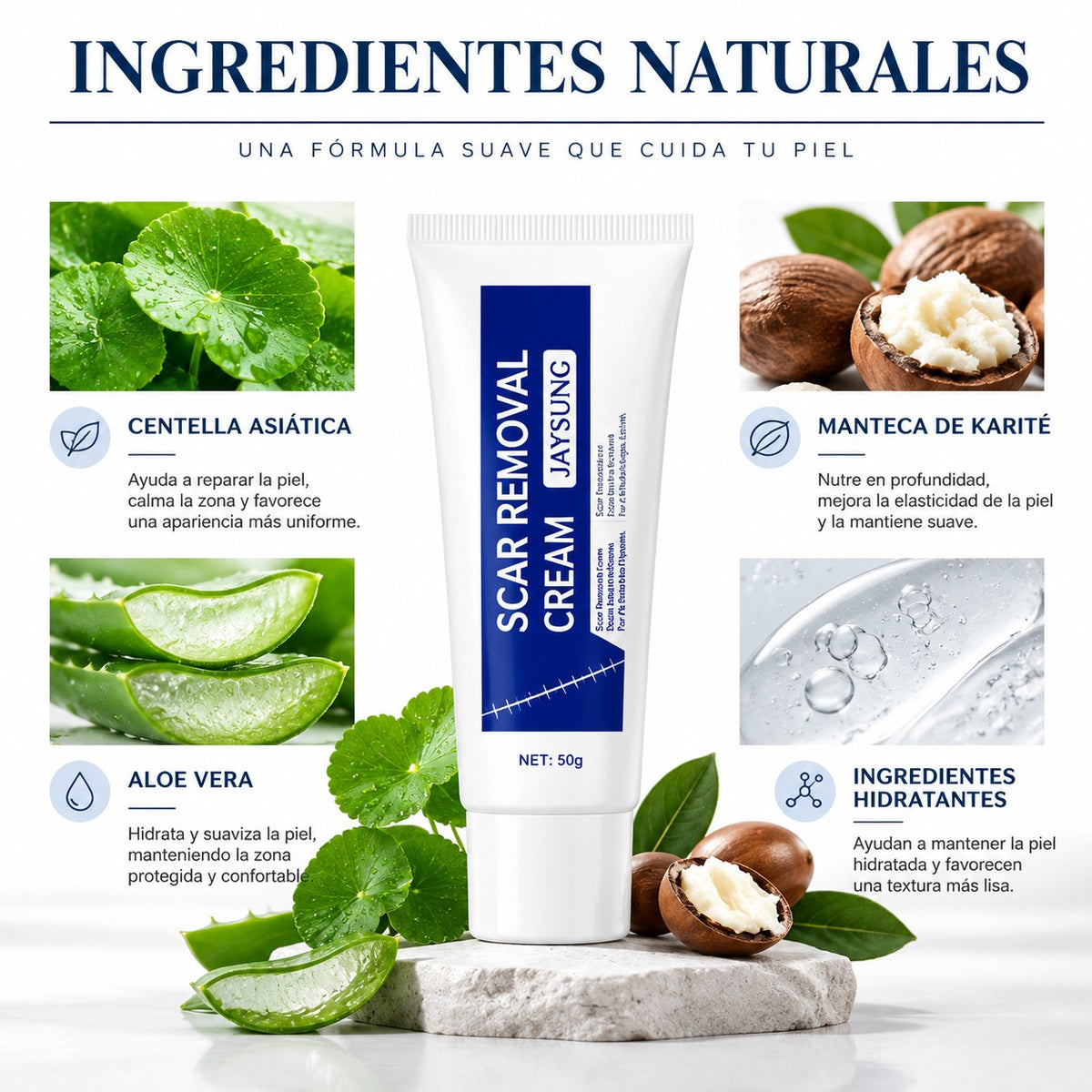 JAYSUING 🌿 Scar Removal Cream ✨ Crema para Cicatrices y Marcas 💧 Hidratación Diaria, Absorción Rápida y No Grasosa 🌱 Con Centella, Squalane y Shea Butter 🧴 50 g