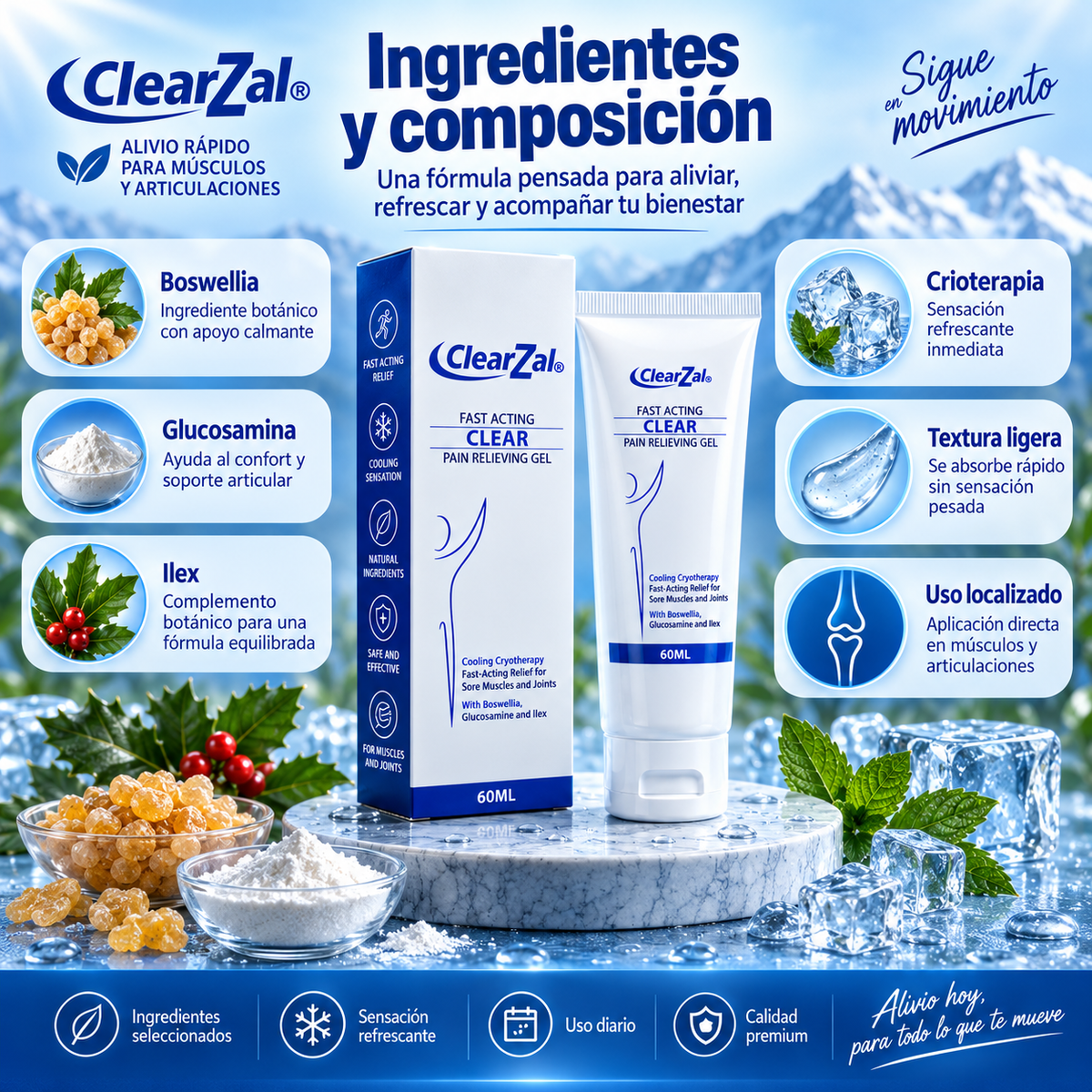 CLEARZAL - gel muscular y articular 60ml – alivio rápido efecto frío