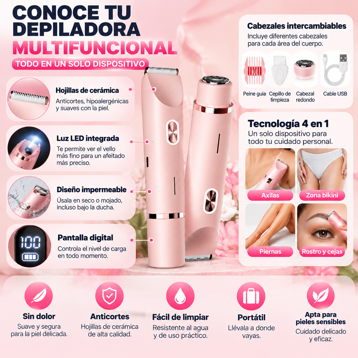 🌸 DEPILADORA ELÉCTRICA MULTIFUNCIONAL✨ 4 en 1, Recargable por USB 🔋 con Cabezales Intercambiables para Rostro, Axilas, Bikini y Piernas 💗 🔥