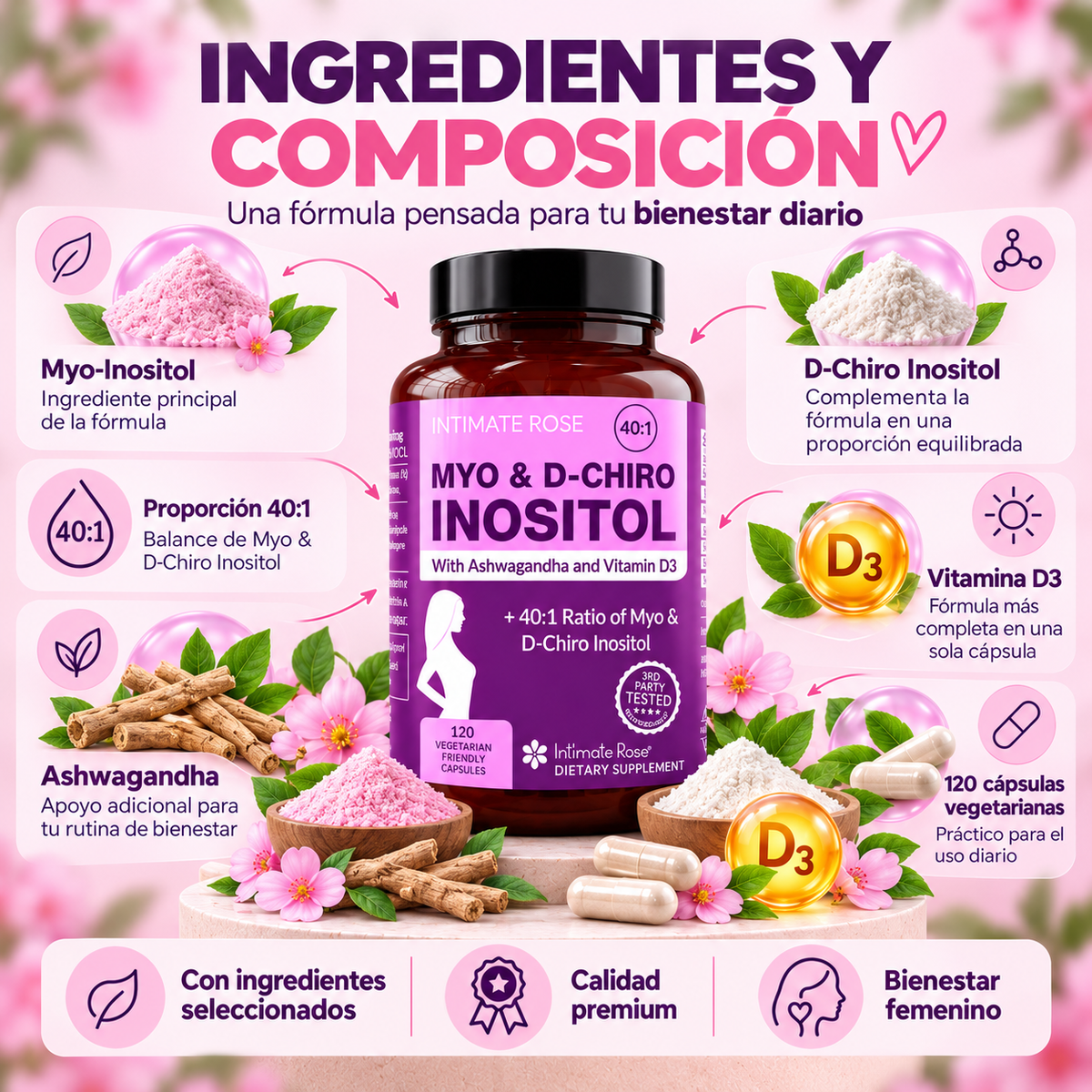 🌸 INTIMATE ROSE MYO & D-CHIRO INOSITOL 40:1 💗 para el equilibrio hormonal femenino, con ashwagandha 🌿 y vitamina D3 ☀️, 120 cápsulas vegetarianas 💊