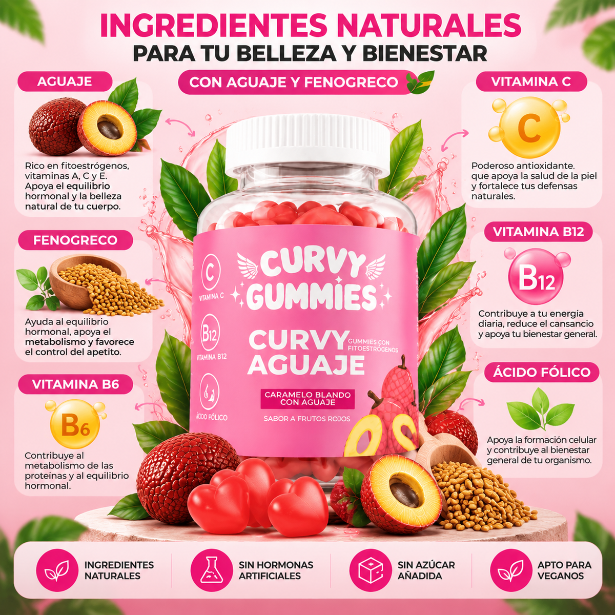 🍑💗CURVY GUMMIES de Aguaje y Fenogreco para el Cuidado de Glúteos, Piernas y Curvas Femeninas 🌿✨ Suplemento con Vitaminas A, C y E, 60 Gomitas Sabor Frutal 🍓