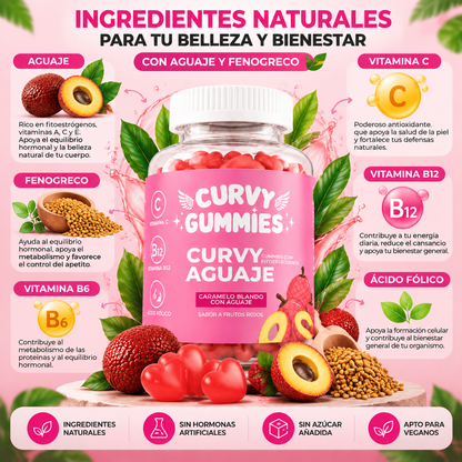 🍑💗CURVY GUMMIES de Aguaje y Fenogreco para el Cuidado de Glúteos, Piernas y Curvas Femeninas 🌿✨ Suplemento con Vitaminas A, C y E, 60 Gomitas Sabor Frutal 🍓