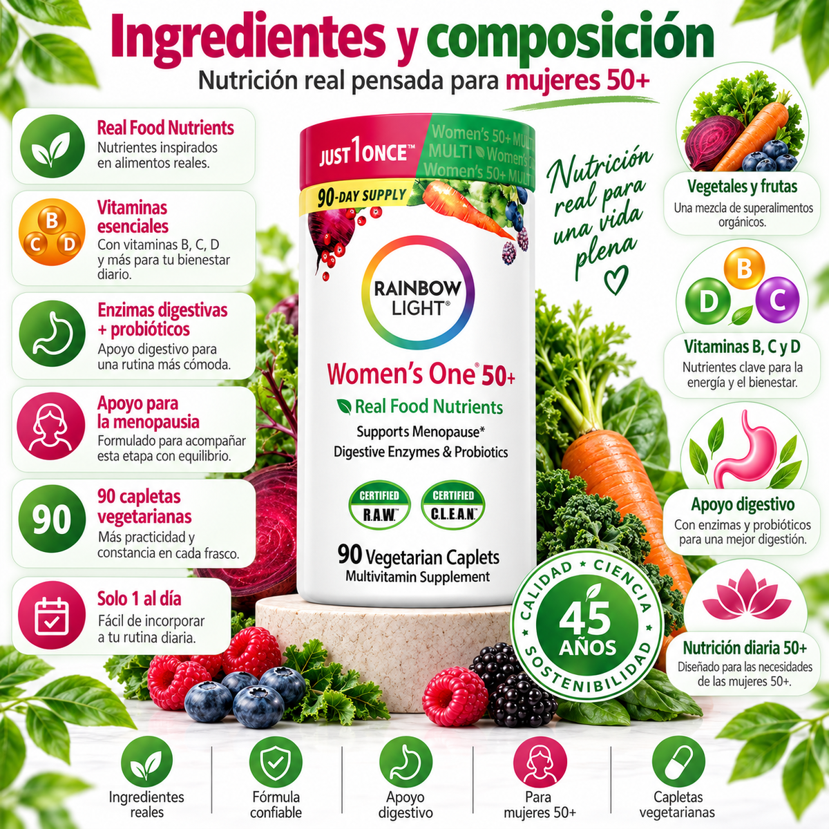RAINBOW LIGHT WOMEN’S ONE 50+ – Vitaminas y Minerales para Mujeres 50+, Nutrientes Reales, Digestión y Energía Diaria