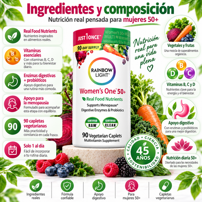 RAINBOW LIGHT WOMEN’S ONE 50+ – Vitaminas y Minerales para Mujeres 50+, Nutrientes Reales, Digestión y Energía Diaria