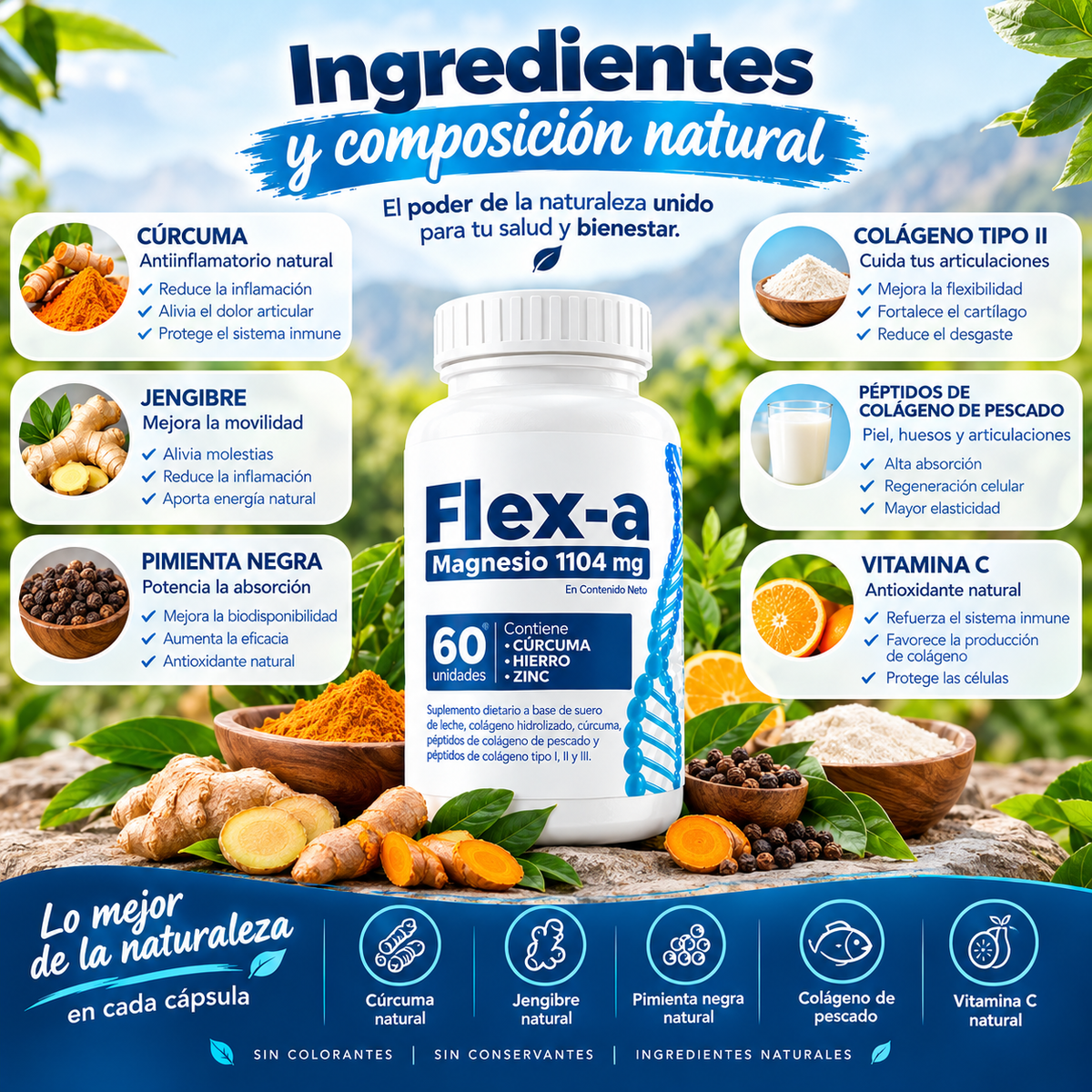 💙 FLEX-A MAGNESIO 1104 MG – 60 CÁPSULAS-💪 | Con Colágeno, Cúrcuma, Hierro y Zinc 🌿 | Apoya la Salud Articular, la Movilidad y la Flexibilidad 🦴 | Energía y Bienestar para Tu Día ✨