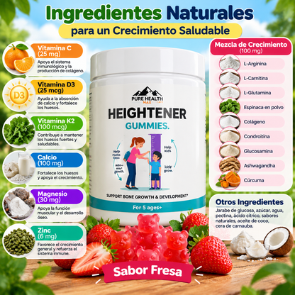 🍓 PURE HEALTH MAX Heightener Gummies | 🌱 Para Crecer de Estatura | 💪 Calcio, Zinc y Vitaminas C, D3 y K2 | 🦴 Apoyo Óseo | 😋 Sabor Fresa