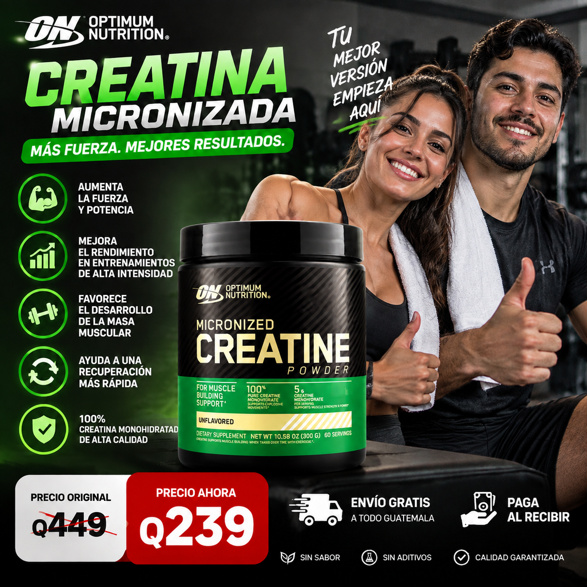 CREATINA MICRONIZADA 100% PURA Aumenta tu fuerza, mejora tu rendimiento y apoya el crecimiento muscular