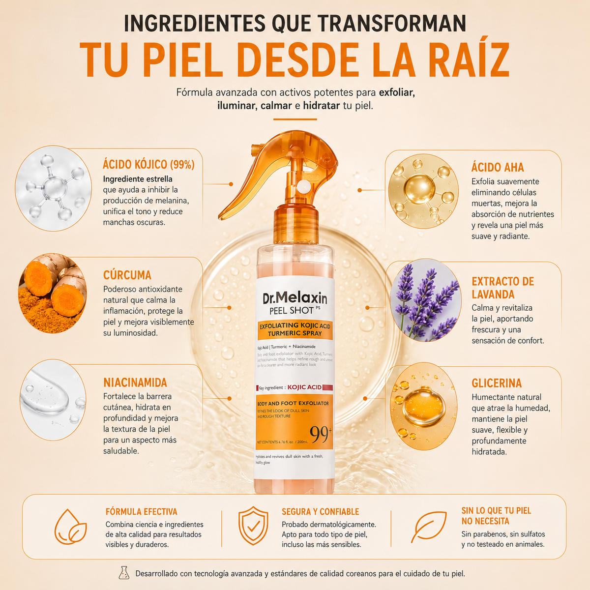 Dr. Melaxin Peel Shot – Spray Exfoliante con Ácido Kójico y Cúrcuma para Cuerpo y Pies | Piel Más Suave, Luminosa y Uniforme