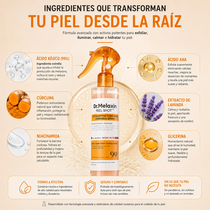 Dr. Melaxin Peel Shot – Spray Exfoliante con Ácido Kójico y Cúrcuma para Cuerpo y Pies | Piel Más Suave, Luminosa y Uniforme